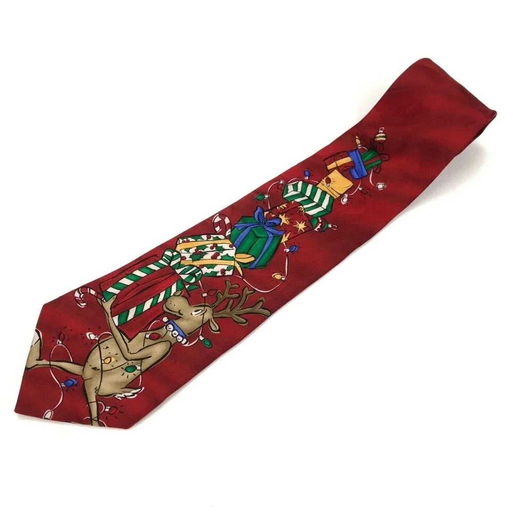 Noel Christmas Tie Holiday Reindeer Gifts String Light Holiday 100% Silk Necktie